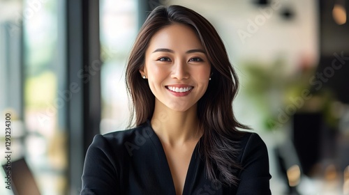 A confident Asian businesswoman in a black top smiles professionally in her office. She represents the success and power of women in business leadership roles.