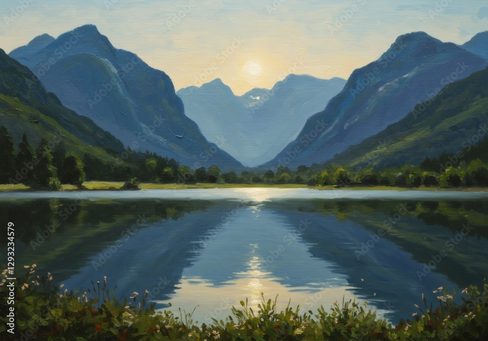 Serene Sunset Over Mountain Lake Reflection Serene Sunset Over Mountain Lake Reflection
