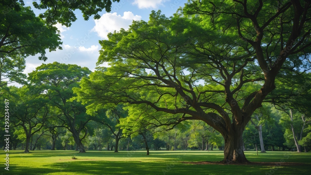Lush green tree canopy on a sunny day showcasing vibrant foliage and serene park landscape ideal for nature and outdoor themes. Lush green tree canopy on a sunny day showcasing vibrant foliage and serene park landscape ideal for nature and outdoor themes.