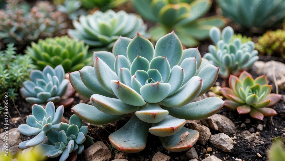 Obraz premium Vibrant Succulent Garden Display with Varied Greenery and Textures in Natural Setting