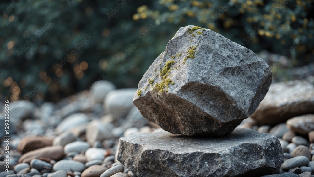 Balanced stones on pebbled ground surrounded by nature showcasing tranquility and natural beauty in a serene outdoor setting Balanced stones on pebbled ground surrounded by nature showcasing tranquility and natural beauty in a serene outdoor setting