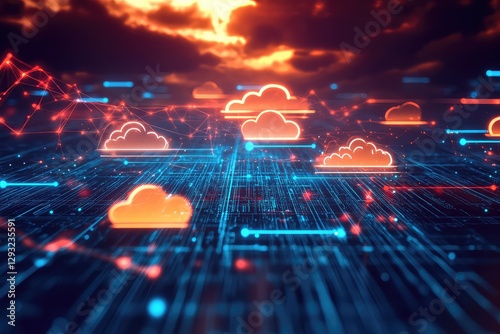 A high-tech visualization of digital file exchange through cloud computing networks.