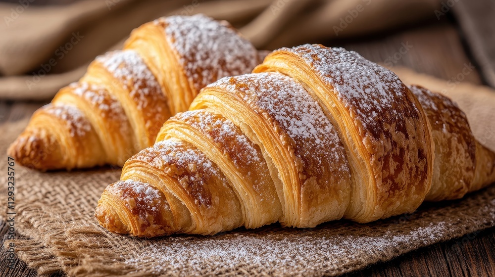 Freshly Baked Croissants with Powdered Sugar on Rustic Background Freshly Baked Croissants with Powdered Sugar on Rustic Background