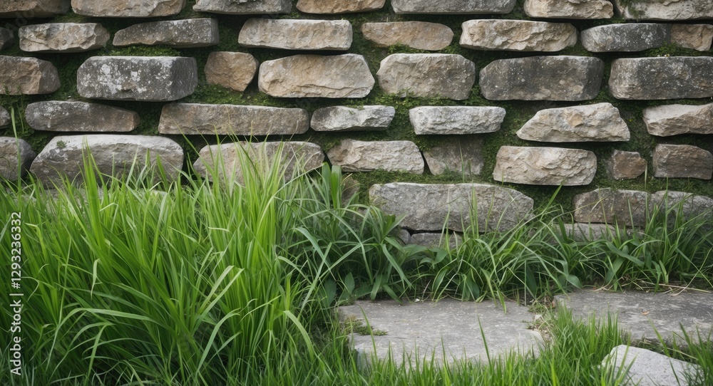 Stone Wall Surrounded By Lush Green Grass And Stones With Ample Space For Text Overlay In A Natural Outdoor Setting Stone Wall Surrounded By Lush Green Grass And Stones With Ample Space For Text Overlay In A Natural Outdoor Setting