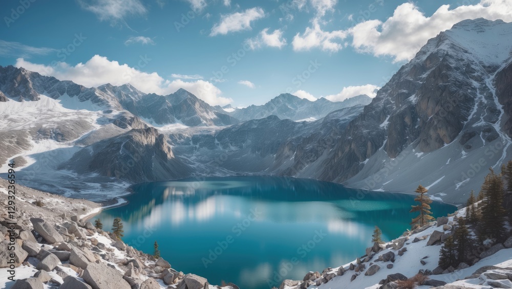 Obraz premium Tranquil Alpine Lake Surrounded by Majestic Mountains Under a Clear Blue Sky in a Serene Natural Setting