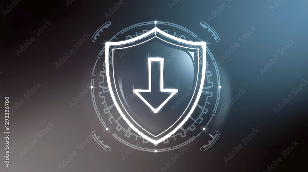 Fototapeta premium Cybersecurity download icon with protective shield – Suitable for IT security firms, business technology, or online safety promotions.