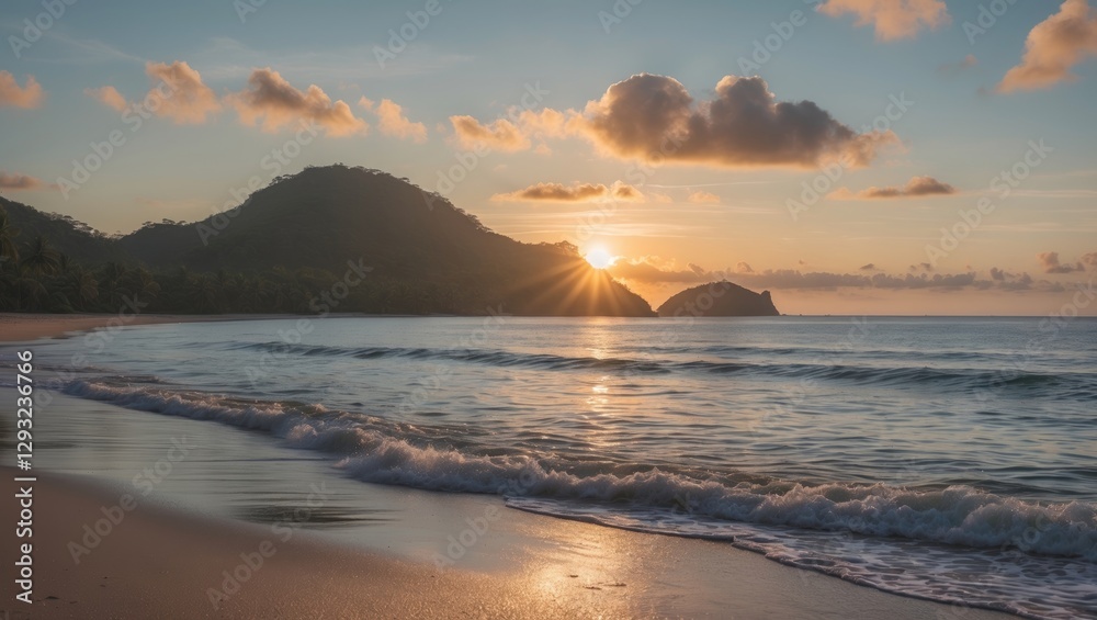 Obraz premium Serene Sunrise Over Tranquil Beach With Gentle Waves And Copy Space For Text On Tropical Island Landscape