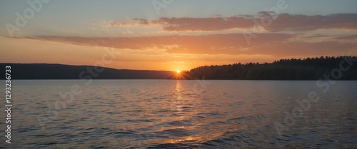 Tranquil Sunset Over a Lake with Reflective Water Creating Space for Text or Caption