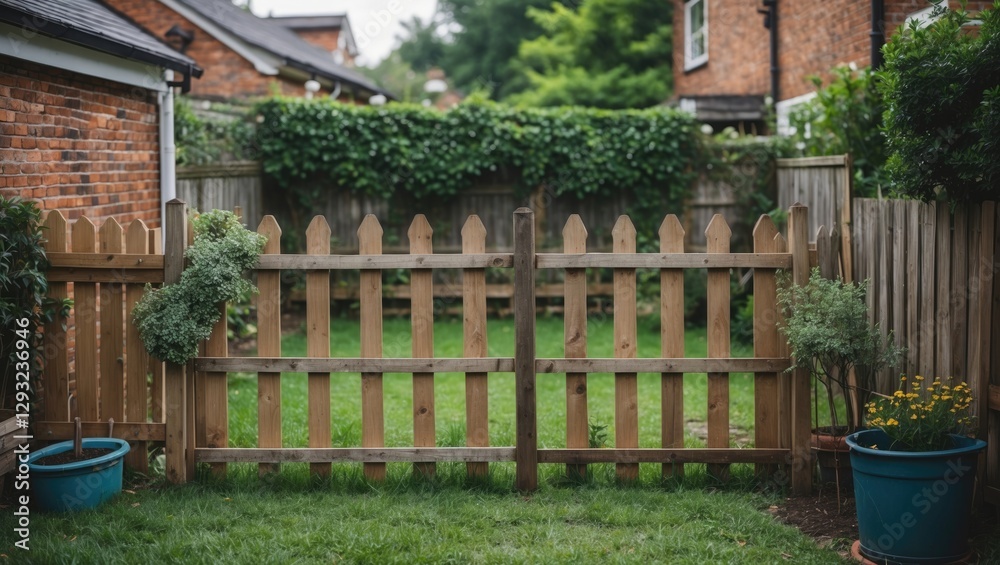 Charming wooden garden fence enhancing a serene backyard with lush greenery and potted plants creating a peaceful outdoor ambiance. Charming wooden garden fence enhancing a serene backyard with lush greenery and potted plants creating a peaceful outdoor ambiance.