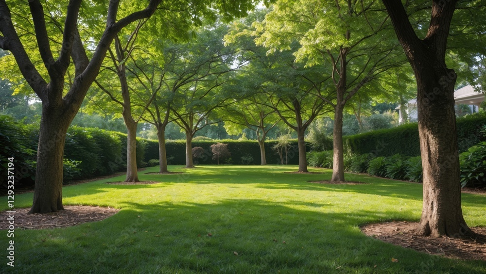 Tranquil Garden Scene with Lush Green Trees and Ample Copy Space for Text or Branding Tranquil Garden Scene with Lush Green Trees and Ample Copy Space for Text or Branding