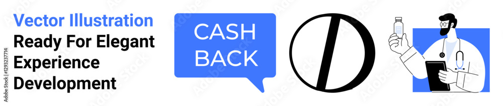 Speech bubble with Cashback, pill icon, and healthcare professional holding a clipboard and medicine bottle. Ideal for healthcare promotions, e-commerce, pharmacy benefits, medical campaigns Speech bubble with Cashback, pill icon, and healthcare professional holding a clipboard and medicine bottle. Ideal for healthcare promotions, e-commerce, pharmacy benefits, medical campaigns