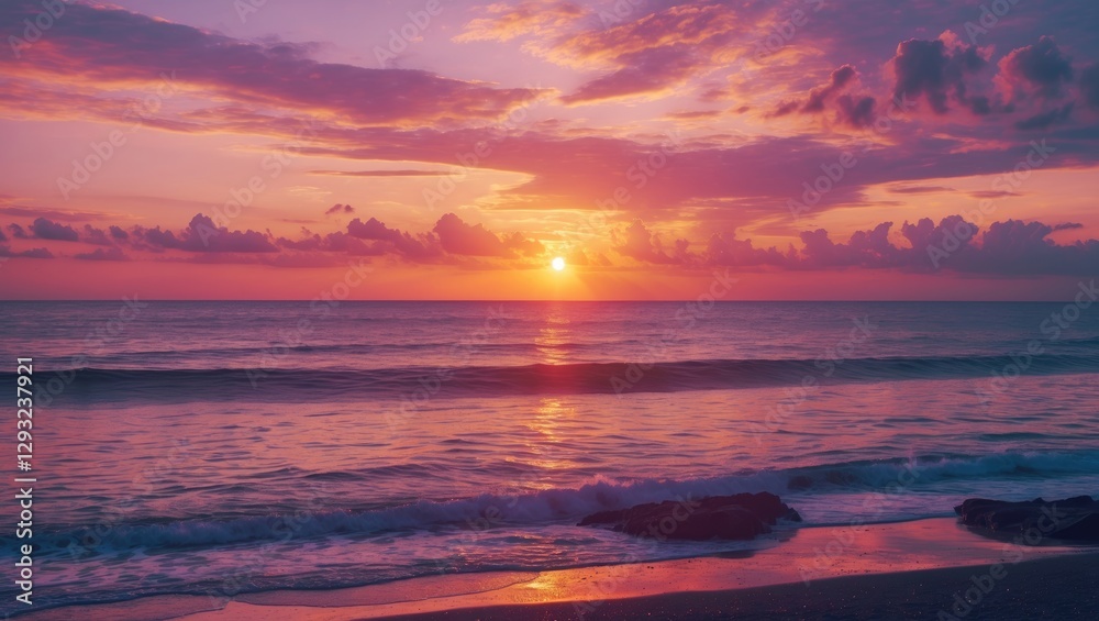 Vibrant sunset over calm sea with gentle waves and colorful sky creating a serene atmosphere perfect for text overlay and coastal themes Vibrant sunset over calm sea with gentle waves and colorful sky creating a serene atmosphere perfect for text overlay and coastal themes