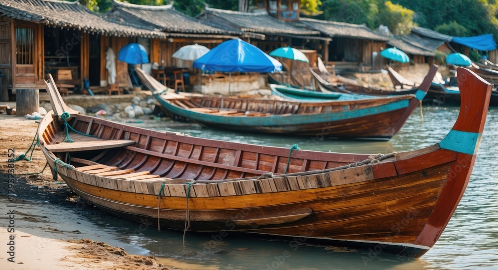 Obraz premium Traditional Wooden Fishing Boats Resting on Shore by a Serene Waterway and Rustic Buildings Under Blue Umbrellas