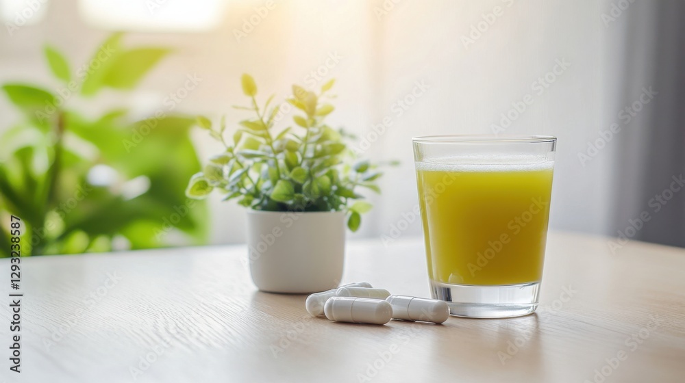 Obesity drug beside a glass of fresh juice and a small plant on a wooden table. Featuring health and hydration Obesity drug beside a glass of fresh juice and a small plant on a wooden table. Featuring health and hydration