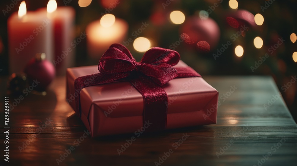 Red Gift Box. Christmas Scene. Holiday Candles. Shiny Ribbon. Wooden Table. Bokeh Lights. Festive Decor. Warm Glow. Celebration Time. Happy Holidays.