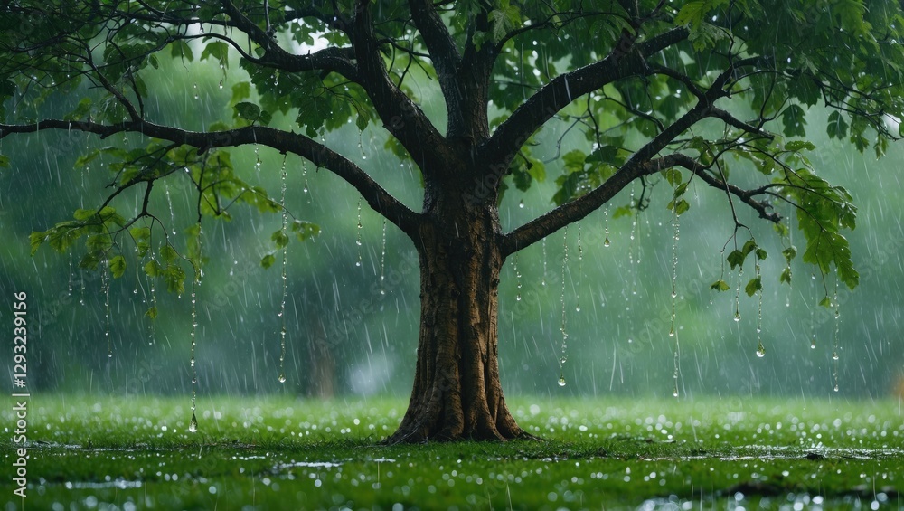 Naklejka premium Lush green tree under heavy rain showcasing raindrops falling on leaves and ground creating a tranquil and serene natural atmosphere.
