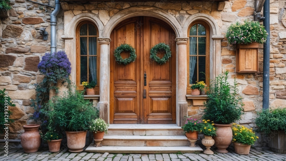 Charming rustic facade with elegant wooden doors framed by seasonal greenery and potted flowers in a picturesque setting. Charming rustic facade with elegant wooden doors framed by seasonal greenery and potted flowers in a picturesque setting.