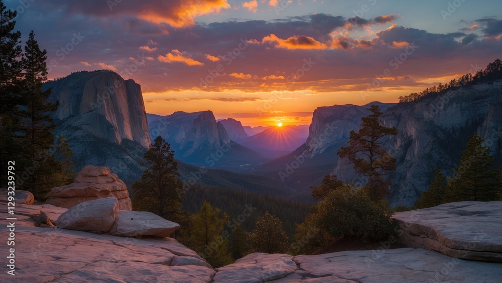 Fototapeta premium Majestic Sunset Over Mountain Valley in National Park with Vibrant Colors and Silhouette of Trees in the Foreground