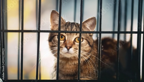 Lone Stray Cat Huddled in a Rustic Cage, Captured with Soft Light and Whispers of Dusk, Depicting Solitude amidst a Forgotten Setting. photo