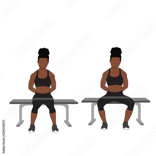 A Black African woman in black clothing doing seated hip abductions with resistance band exercise. Flat vector illustration isolated on white background. 