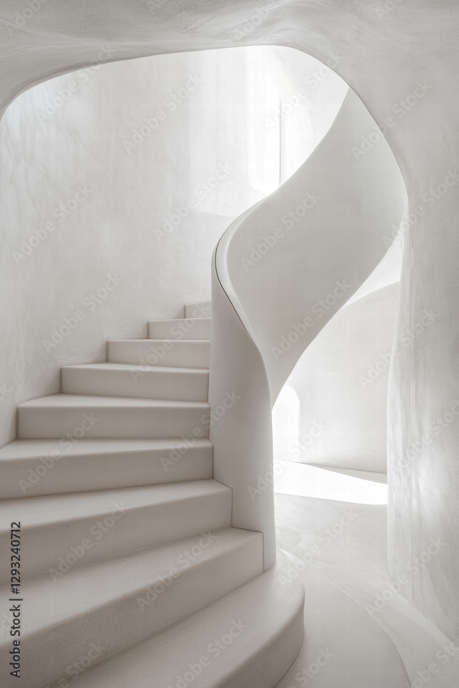 Naklejka premium An exquisite white staircase featuring fluid shapes, emphasizing light and shadow dynamics in a minimalist environment.