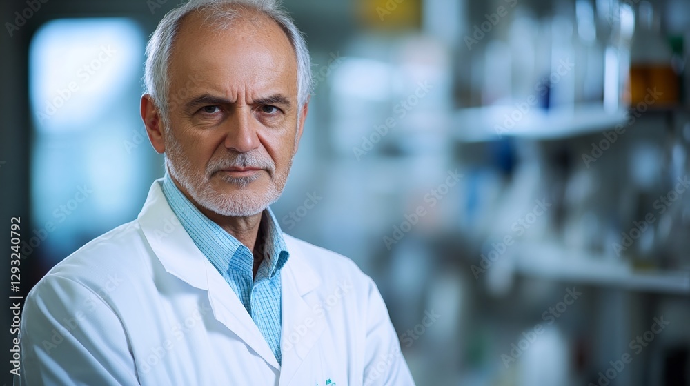 Fototapeta premium Senior researcher in lab coat, focused and thoughtful, embodying dedication to scientific discovery.