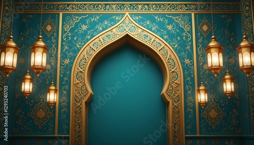 Luxurious Islamic Architecture with Ornate Golden Archway and Hanging Lanterns, Featuring Elegant Arabic Patterns and a Rich Teal Background, Evoking Traditional Middle Eastern Aesthetic and Spiritual