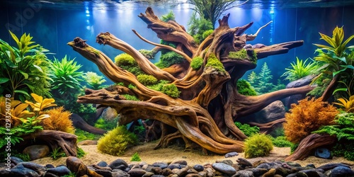 Panoramic Aquarium Hardscape: Ancient Driftwood Root Tree, Underwater Scene