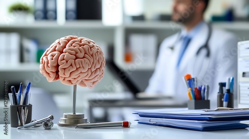 Modern neurology office setup with sharp focus on medical tools a detailed brain model and organized patient files while the neurologist is softly blurred