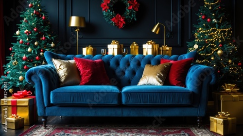 Elegant blue velor sofa adorned with festive cushions in a cozy dark room featuring a decorated Christmas tree and golden gift boxes.