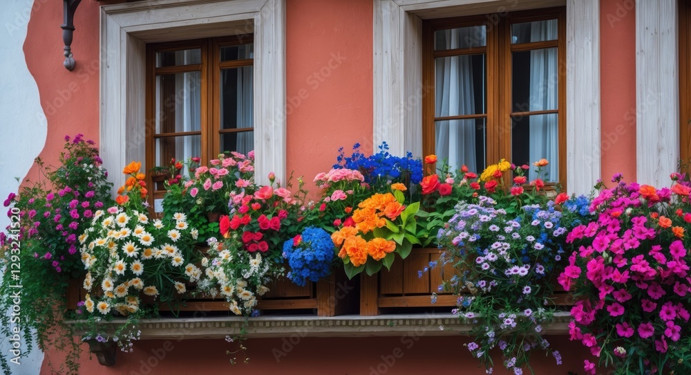 Colorful Flowered Balcony with Vibrant Blooms in the Alps Showcasing a Mix of Flowers and Colors Exuding Traditional Charm Colorful Flowered Balcony with Vibrant Blooms in the Alps Showcasing a Mix of Flowers and Colors Exuding Traditional Charm