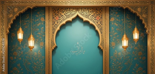 Luxurious Islamic Architecture with Ornate Golden Archway and Hanging Lanterns, Featuring Elegant Arabic Patterns and a Rich Teal Background, Evoking Traditional Middle Eastern Aesthetic and Spiritual