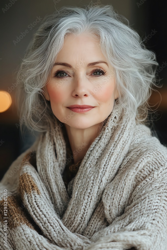 Confident elderly woman with silver hair, natural light, warm expression, neutral background, closeup portrait Confident elderly woman with silver hair, natural light, warm expression, neutral background, closeup portrait