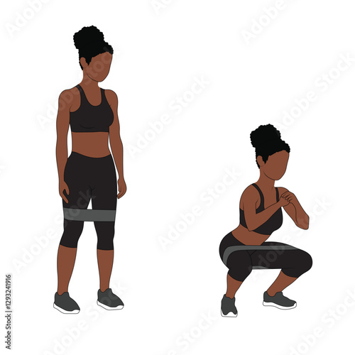 A Black African woman in black clothing doing squats with resistance band exercise. Flat vector illustration isolated on white background. 