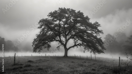 Misty landscape featuring a solitary tree in black and white, evoking a sense of calm and mystery in a serene natural setting. photo