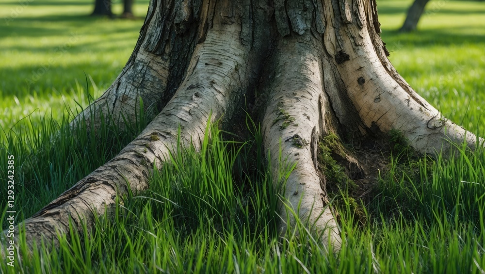 Obraz premium Tree trunk with textured roots surrounded by lush green grass under natural sunlight in a serene outdoor setting.