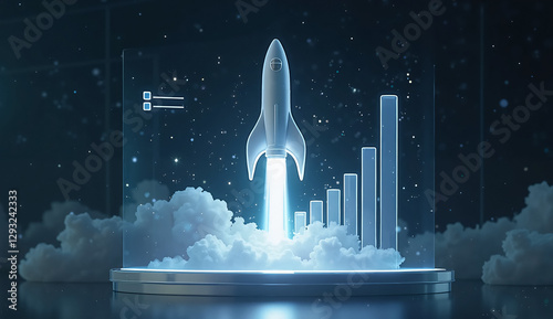 Futuristic Hologram of a Rocket Launching from a Digital Growth Chart – A Powerful Symbol of Business Success and Innovation