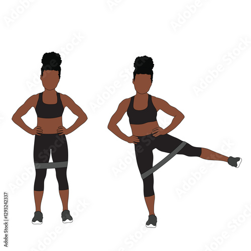 A Black African woman in black clothing doing side leg kicks with resistance band exercise. Flat vector illustration isolated on white background. 