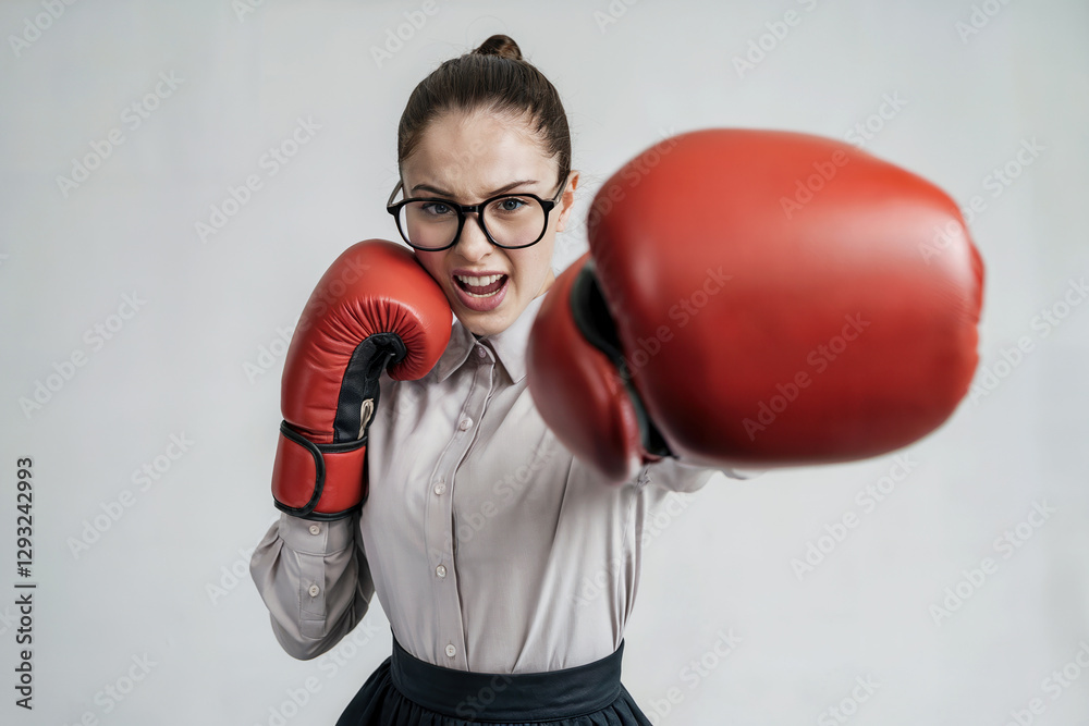 Aggressive woman wearing glasses and boxing gloves throws a punch. Aggressive woman wearing glasses and boxing gloves throws a punch.
