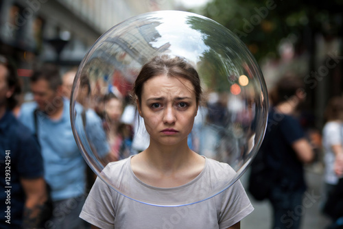 Woman with allergies on a city street with a transparent spherical cap over her head.