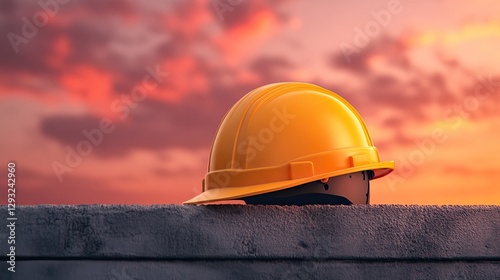 Fototapeta Naklejka Na Ścianę i Meble -  A yellow safety helmet resting on a wall against a dramatic sunset backdrop.