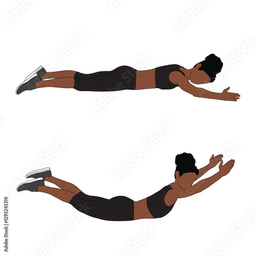 A Black African woman in black clothing doing lying back extensions exercise. Flat vector illustration isolated on white background	