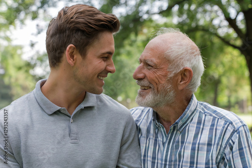 Grandson with his grey-haired grandfather.