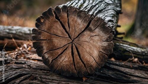 Close-up of the textured end of an aged log showcasing deep cracks and natural patterns in the wood, highlighting rustic charm and nature's beauty.