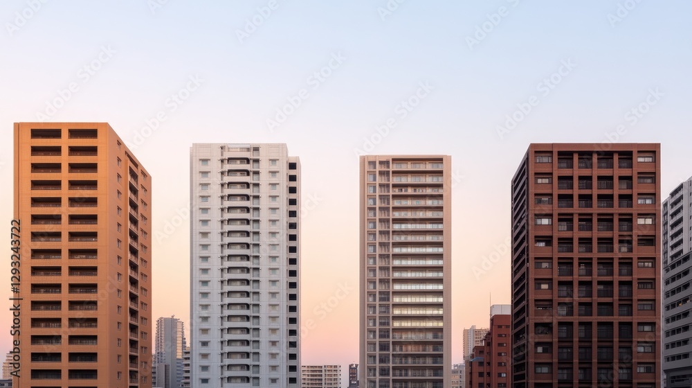 Modern urban skyline featuring various architectural designs at sunset. Modern urban skyline featuring various architectural designs at sunset.