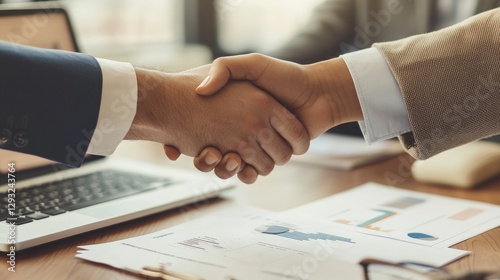 Two business people shake hands, agreeing on a partnership. A laptop and documents are nearby. They discuss their business while meeting.