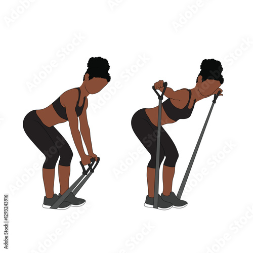 A Black African woman in black clothing doing bent over back flies with resistance bands exercise. Flat vector illustration isolated on white background	
