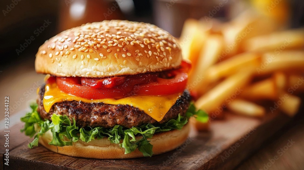 Hamburger with cheese tomato and lettuce on a plate ready to eat in fast food setting Hamburger with cheese tomato and lettuce on a plate ready to eat in fast food setting