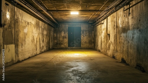 Dark, grunge concrete corridor with a single light source and a closed door at the end.