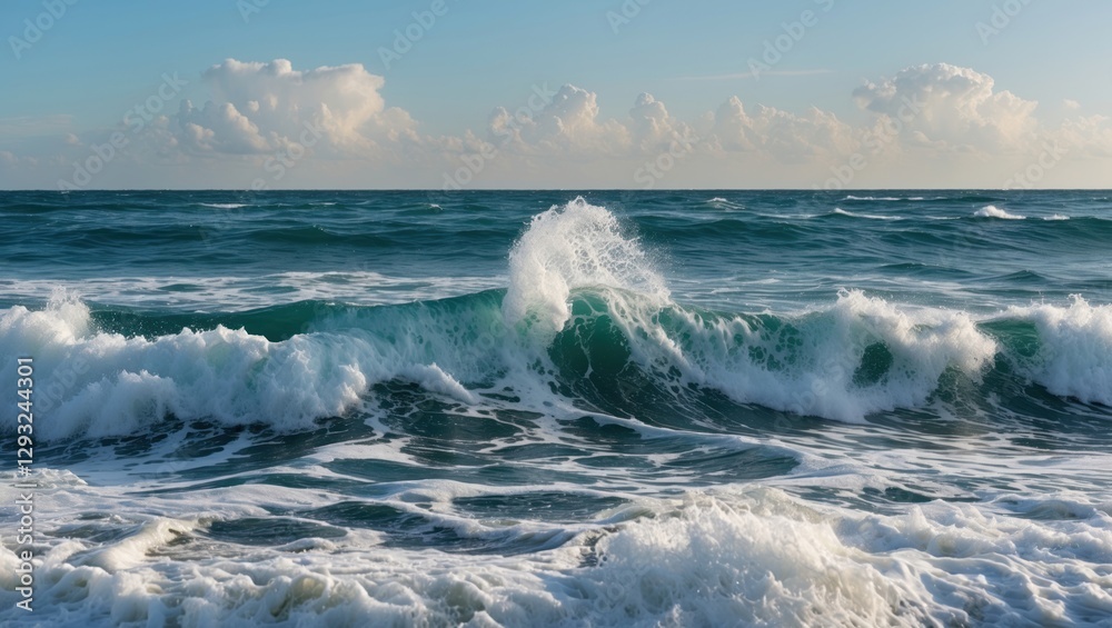 Obraz premium Dynamic ocean waves creating foam at the shoreline under a blue sky with soft clouds in the background during a serene morning.